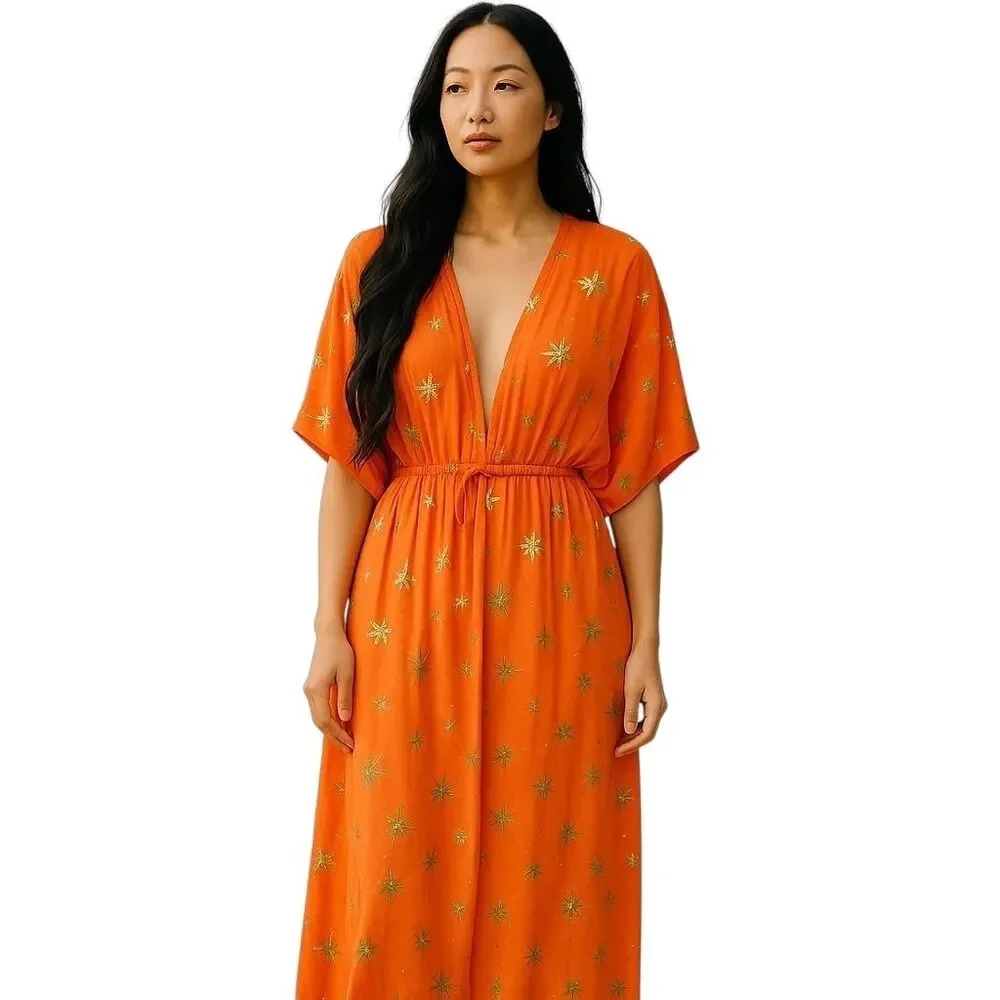 Swimsuits For All Womens 22/24  Orange Gold Foil Chiffon Maxi Cover Up Dress NWT